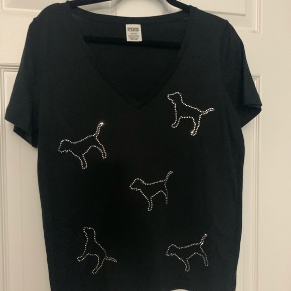 PINK Victoria's Secret Tops - Perfect condition black V neck PINK bling dog tee